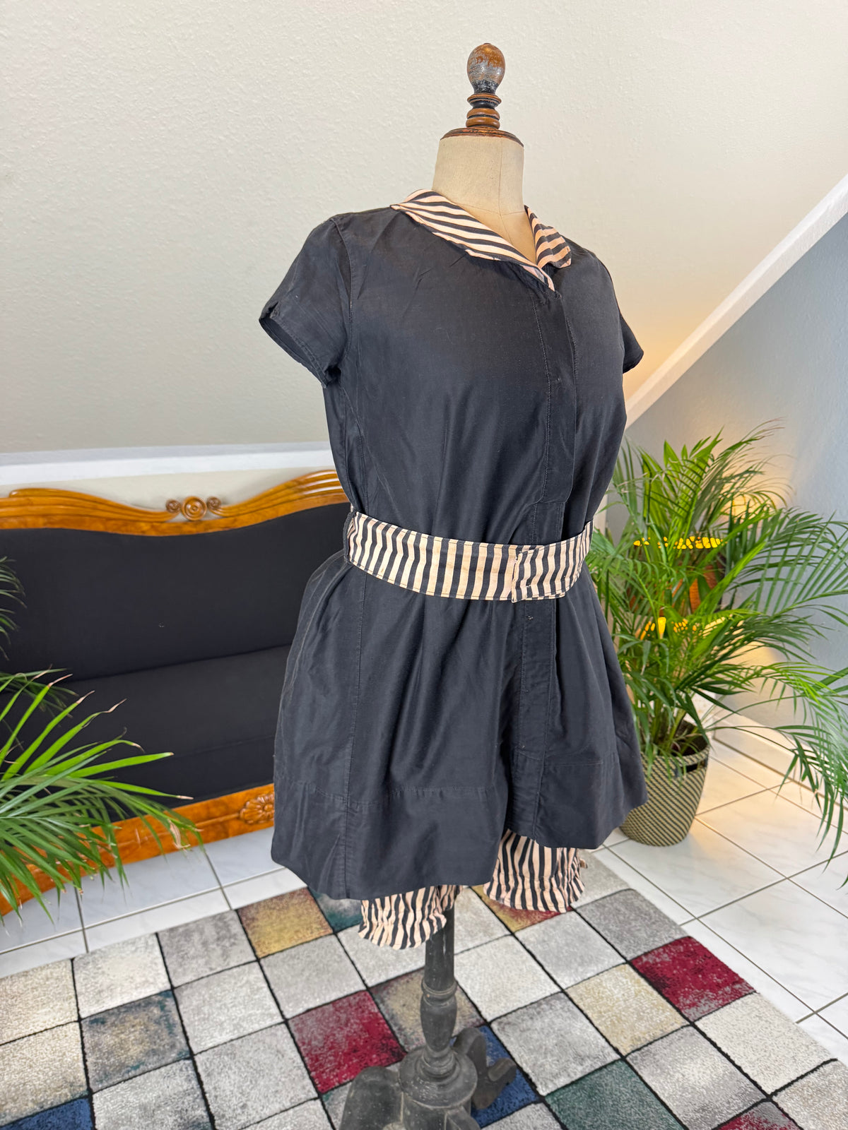 Antique 1910 bathing suit with striped cotton fabric and buttoned shorts