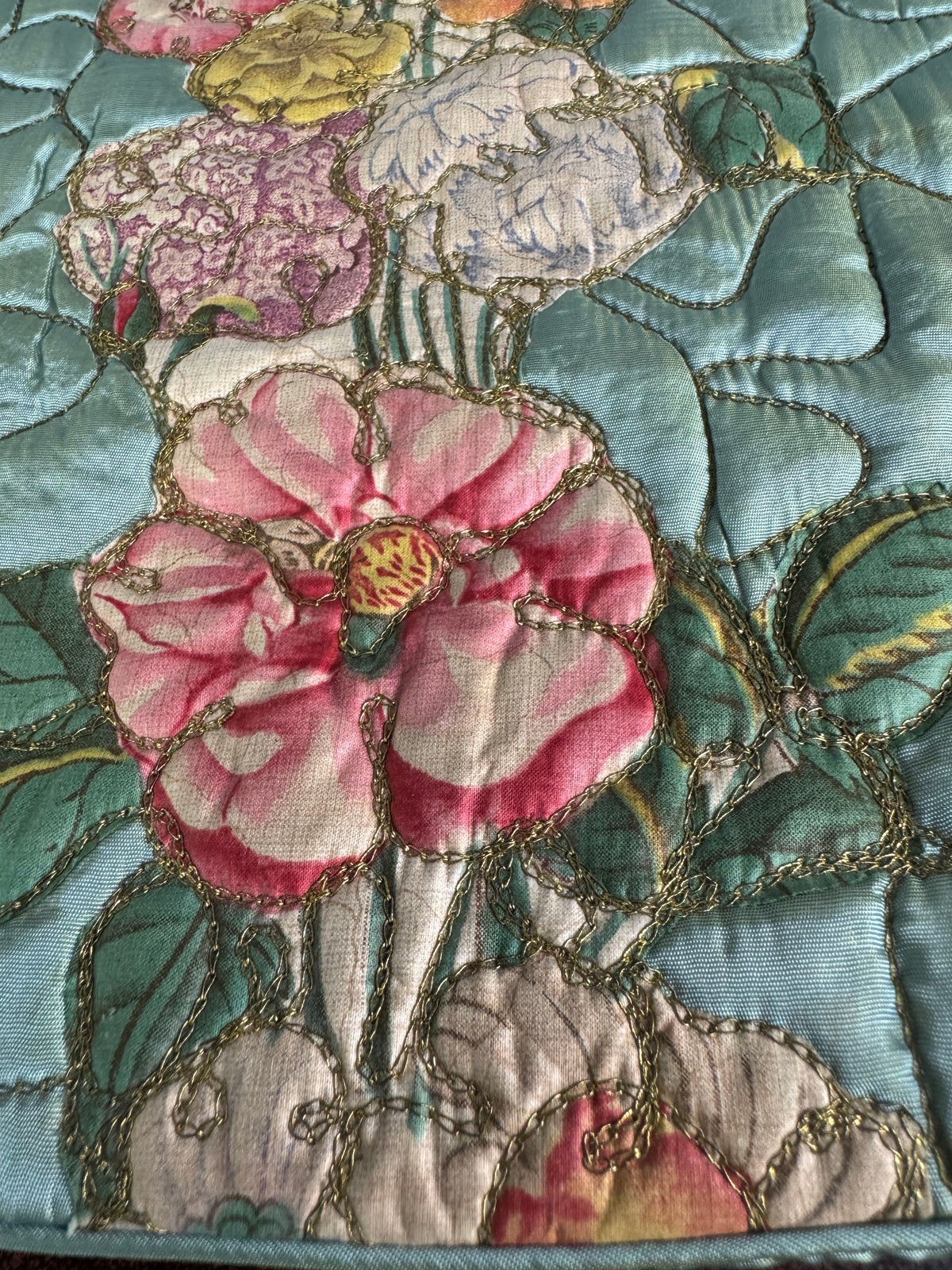 Early 1900s silk beach bag, floral appliqué, pink silk interior