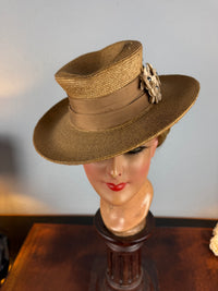 Antique 1903 fine‑woven French straw hat with silk band, fabric flowers, dark pearls, silk lining, well preserved