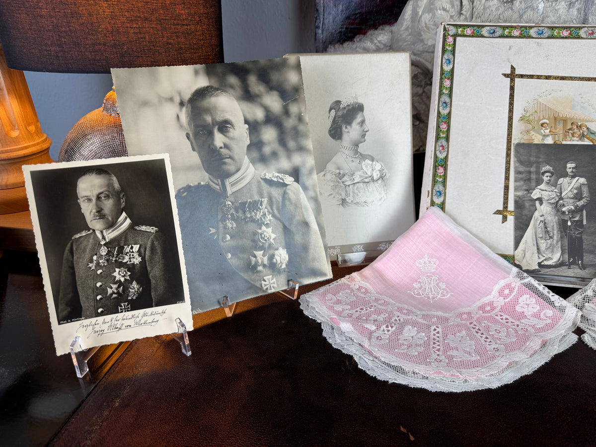 Royal antique lace handkerchiefs c.1900 – Tuscany–Württemberg double coat of arms from the wedding trousseau of Archduchess Maria Immakulata