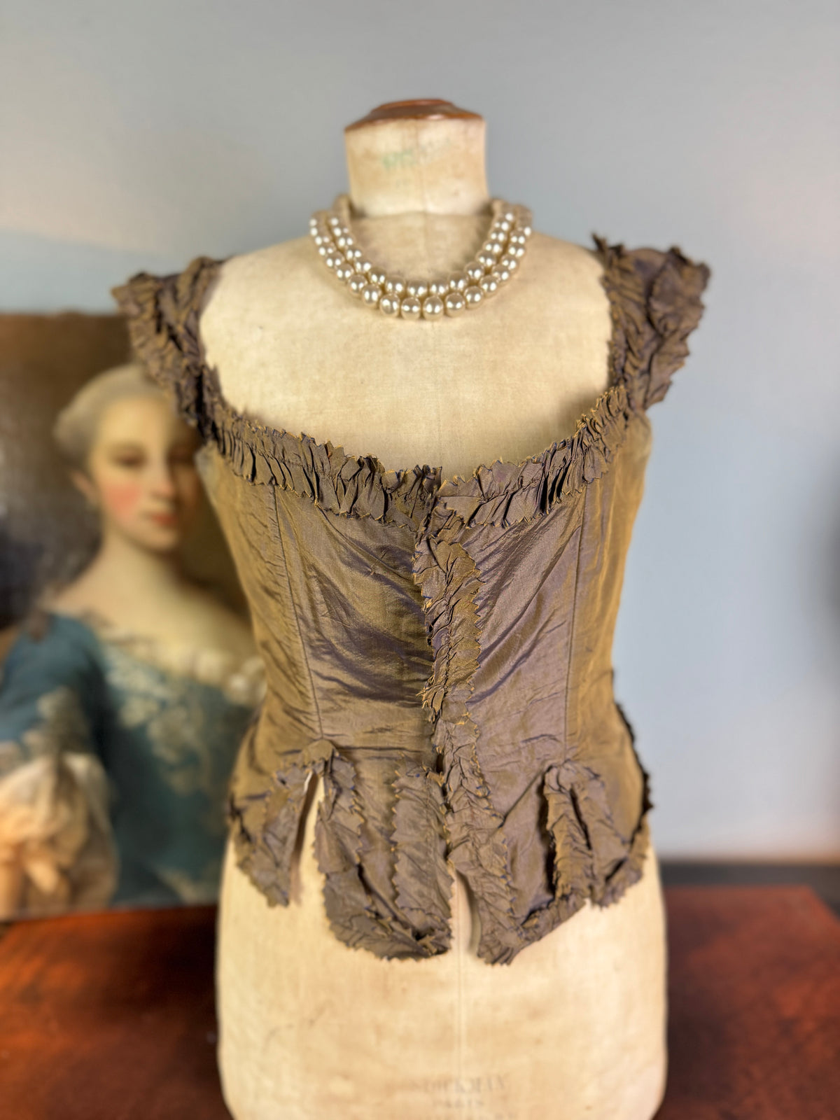 Rare Rococo bodice, 18th‑century bodice in French Rococo clothing, hand‑sewn bodice of brown silk, antique silk bodice