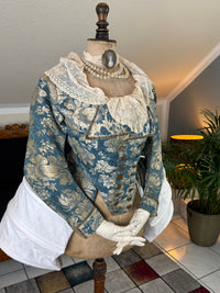 1750 Rococo blue‑white floral silk caraco jacket in riding style, antique 18th‑century gown