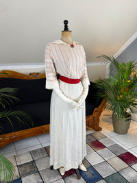 Natural Fiber Daywear Set — Linen skirt, red‑pattern cotton blouse with sailor collar, white leather shoes, red belt.