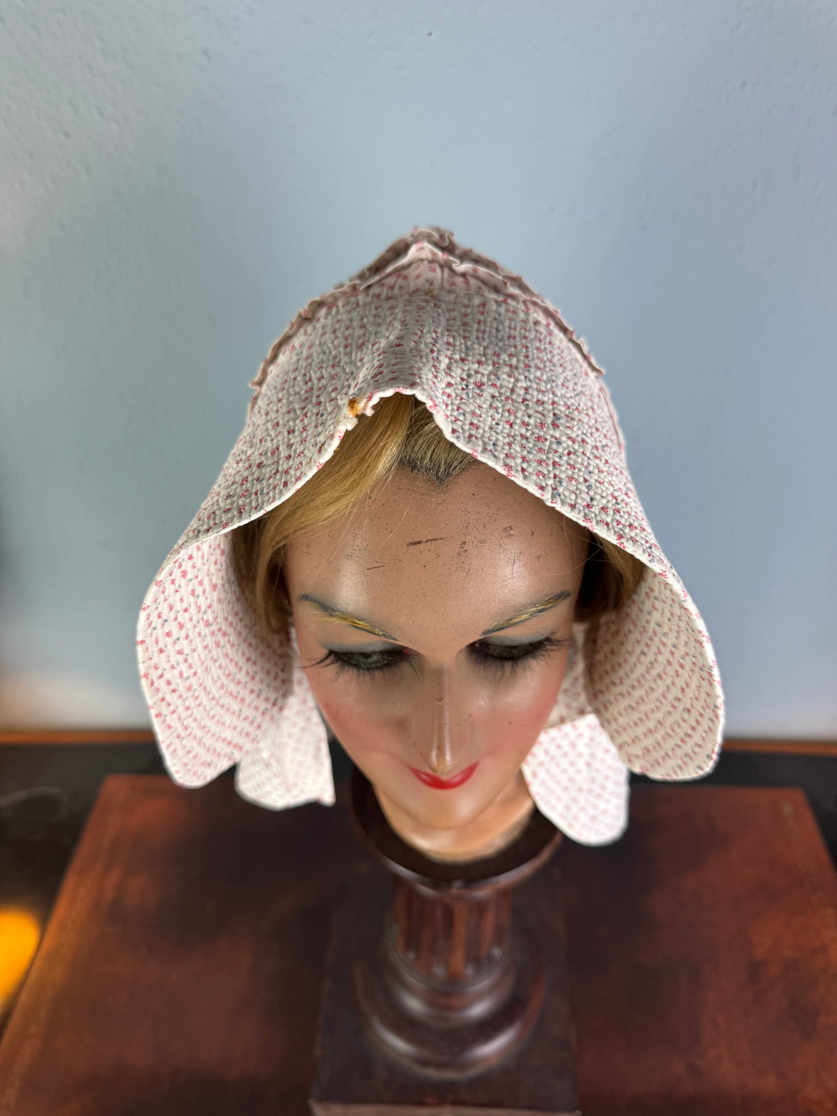 Victorian printed sunbonnet, rural workwear, wide quilted brim