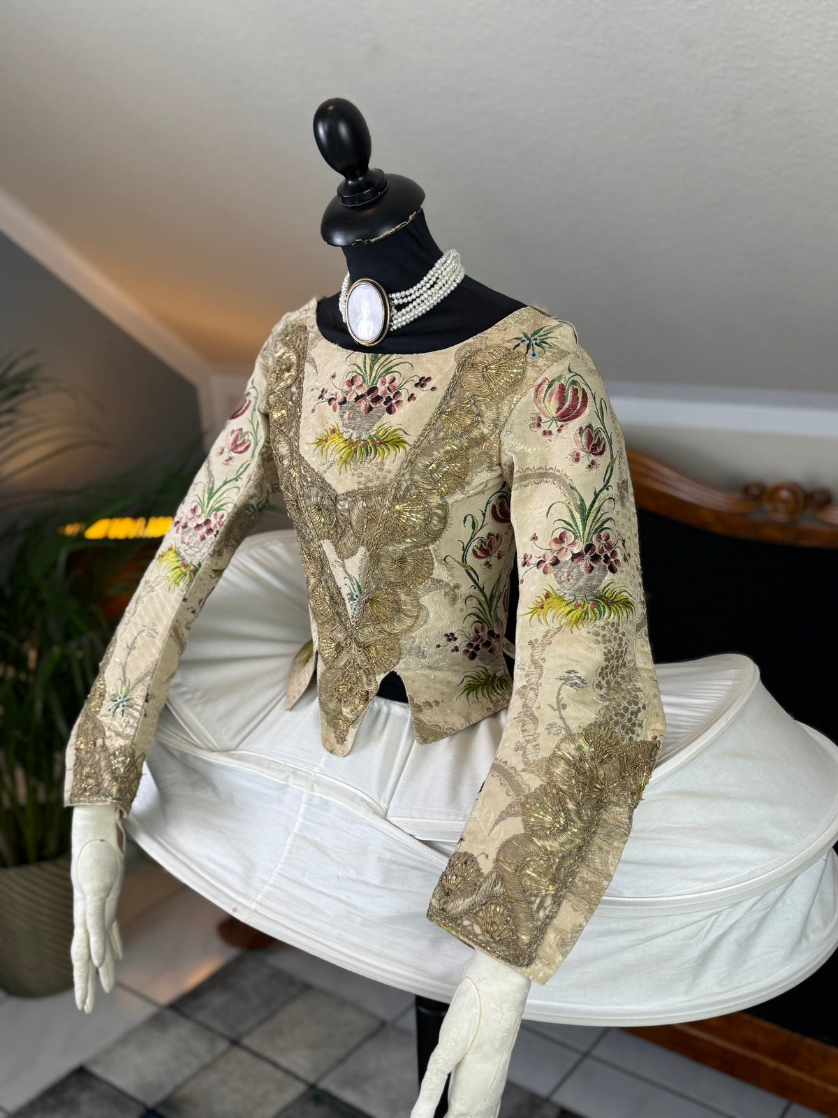 1765 French Rococo bodice, hand‑stitched silk with decorative seams, rare 18th‑century garment
