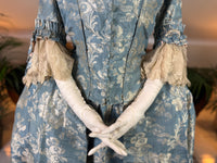 1770 blue silk damask Robe à la Française with Watteau pleats and lace engageantes, antique Rococo gown