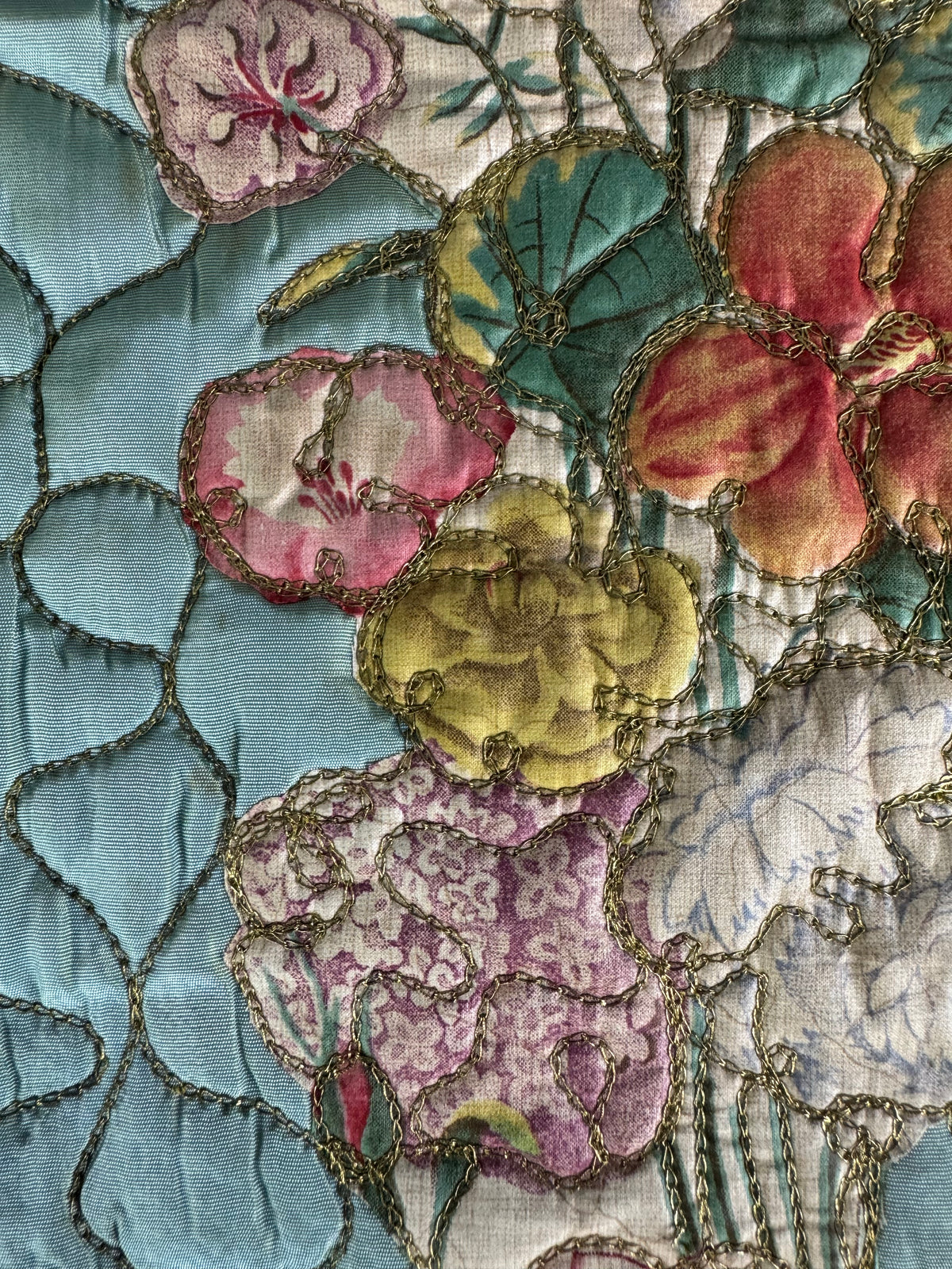 Early 1900s silk beach bag, floral appliqué, pink silk interior