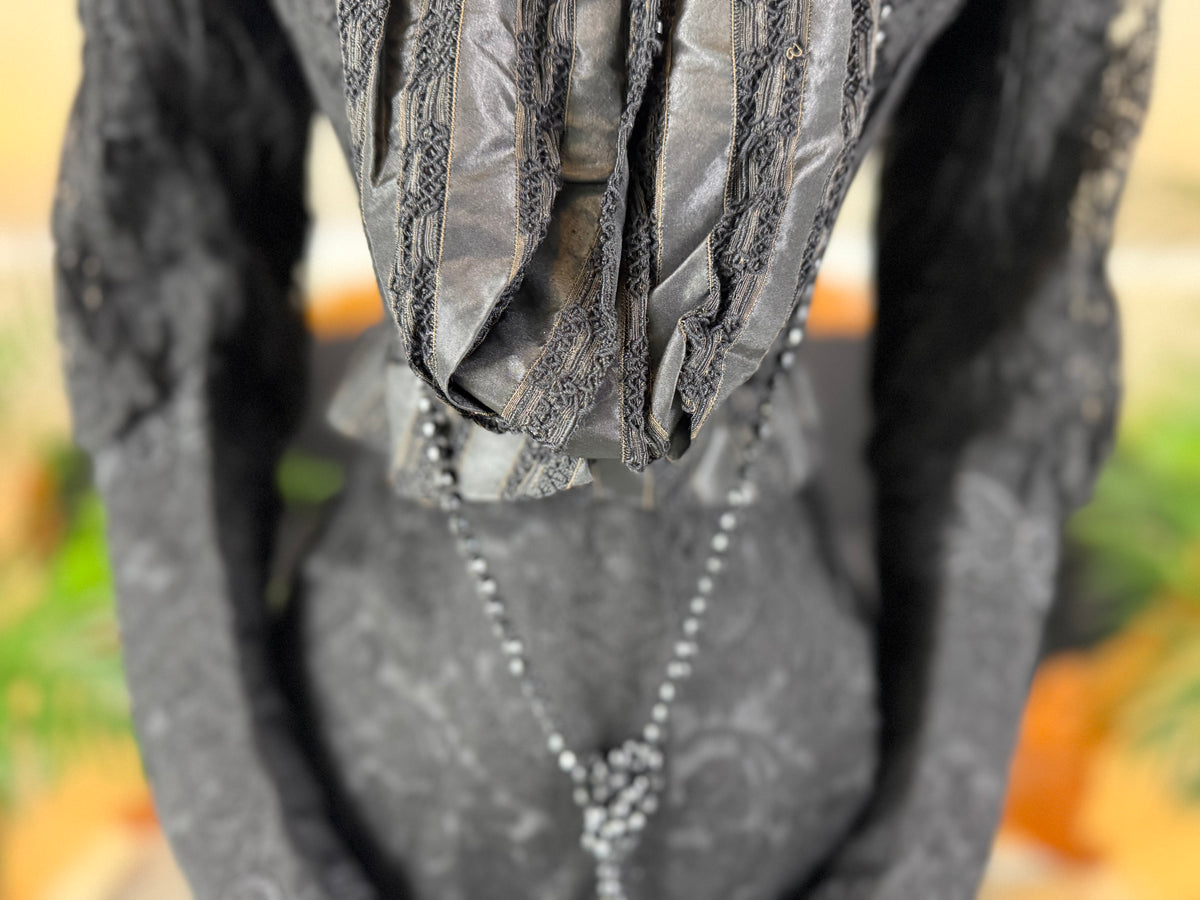 Black silk Edwardian day dress ca. 1904 with lace overlay