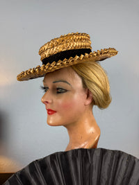 Antique 1901 French straw walking hat with AU CHINOIS Marseille label, black band, lined interior, well preserved.