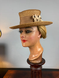 Antique 1903 fine‑woven French straw hat with silk band, fabric flowers, dark pearls, silk lining, well preserved