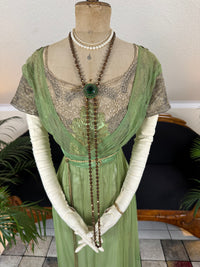 Edwardian green evening gown by Albert Franck, Frankfurt court dressmaker; Art Nouveau tulle and metallic lace design representing Frankfurt fashion history