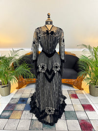 Antique Parisian evening gown with lace, tulle, velvet, rhinestones and beadwork, Marc Walter Place Vendôme label, Belle Époque couture designed for candlelight