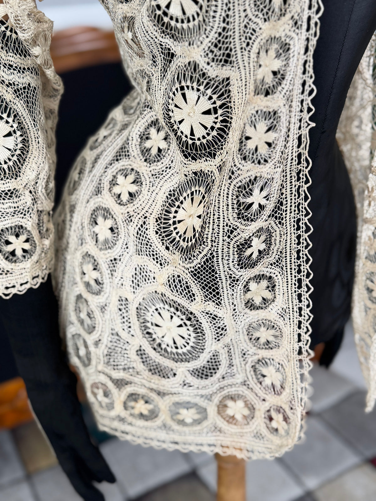 Antique Tenerife lace jacket, ca. 1911, American needle‑lace medallion design in ecru with fine openwork