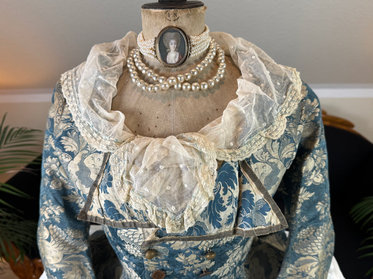 1750 Rococo blue‑white floral silk caraco jacket in riding style, antique 18th‑century gown