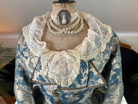 1750 Rococo blue‑white floral silk caraco jacket in riding style, antique 18th‑century gown
