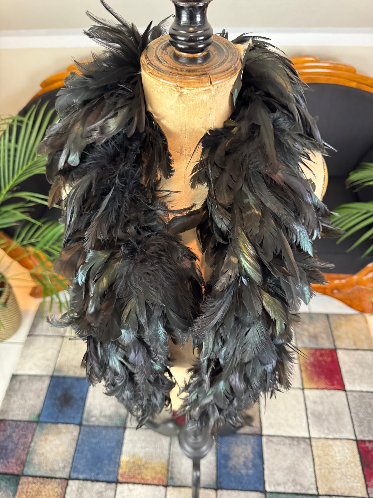 Antique black rooster feather boa, England ca. 1928, rare 1920s accessory