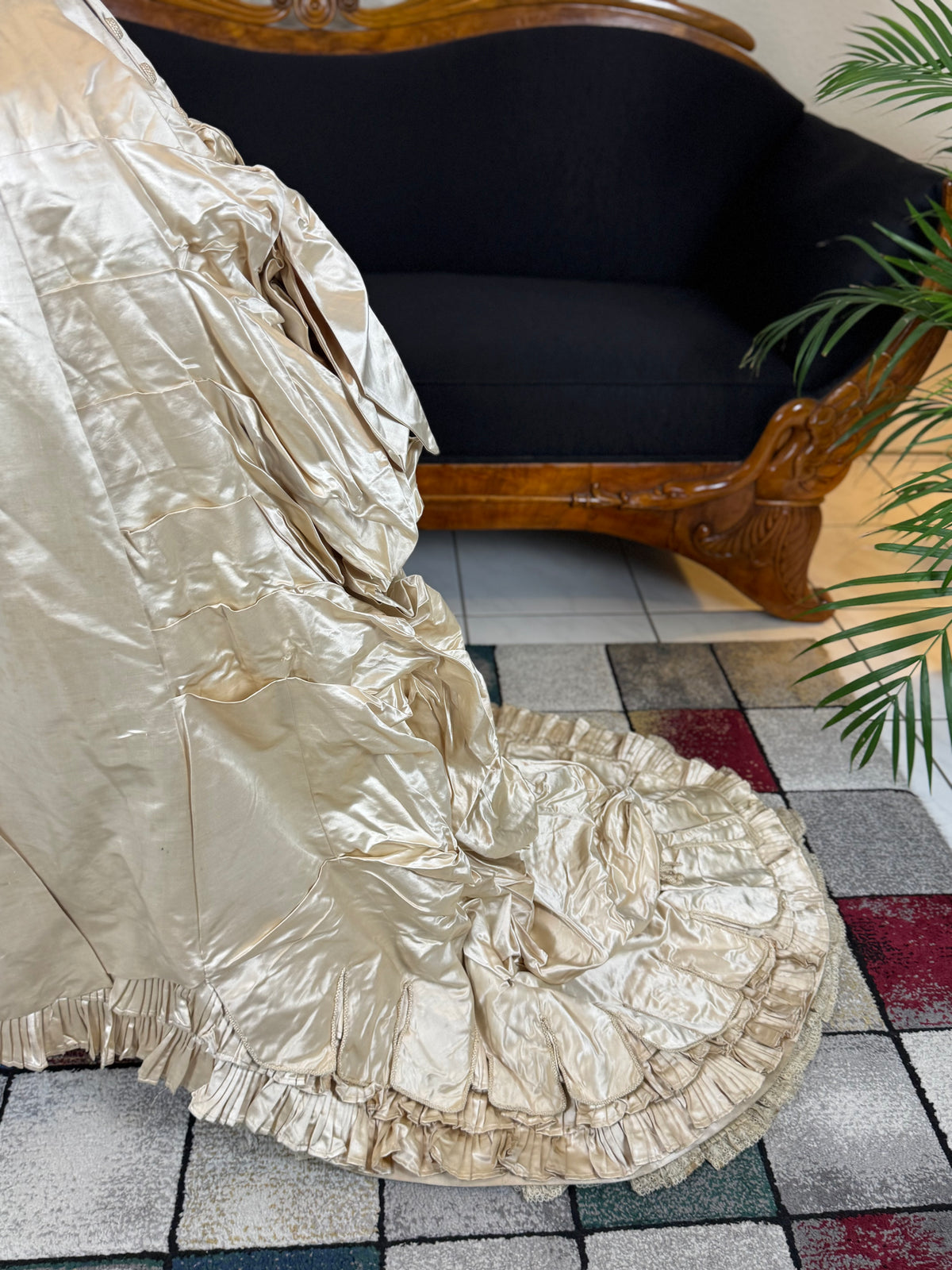Antique Wedding Dress 1882 – Cream Satin Silk with Pleated Trims, Lace & Faux Pearls, Kate Rimer Provenance