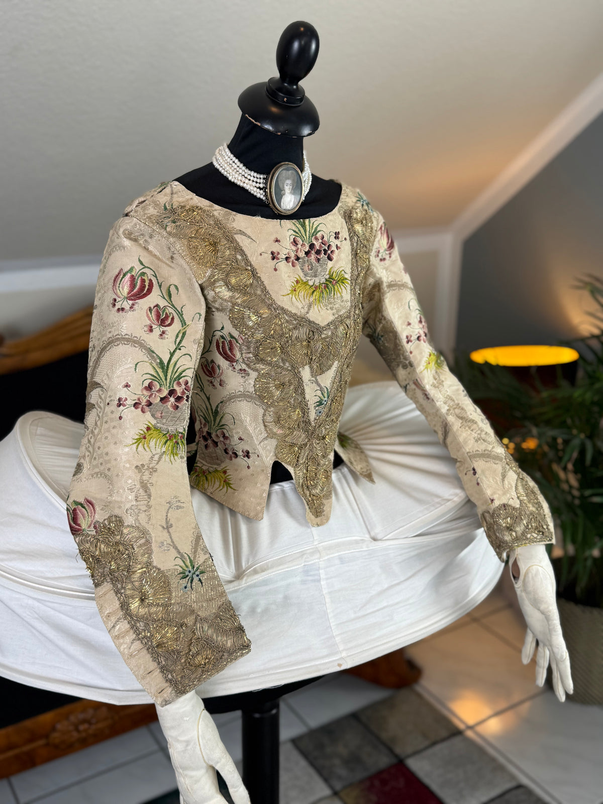 1765 French Rococo bodice, hand‑stitched silk with decorative seams, rare 18th‑century garment