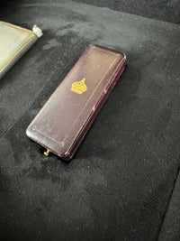 Silver cigarette case of Crown Prince Wilhelm of Prussia with crowned monogram, presentation pin and original caricature in bespoke casket.