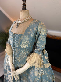 1770 blue silk damask Robe à la Française with Watteau pleats and lace engageantes, antique Rococo gown