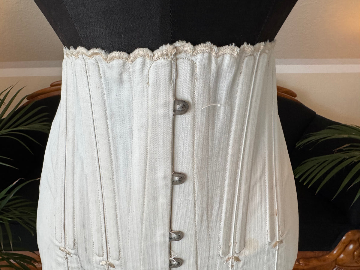 Antique FITU Figureform corset, 1910s England, light colour, front‑hooked and back‑laced