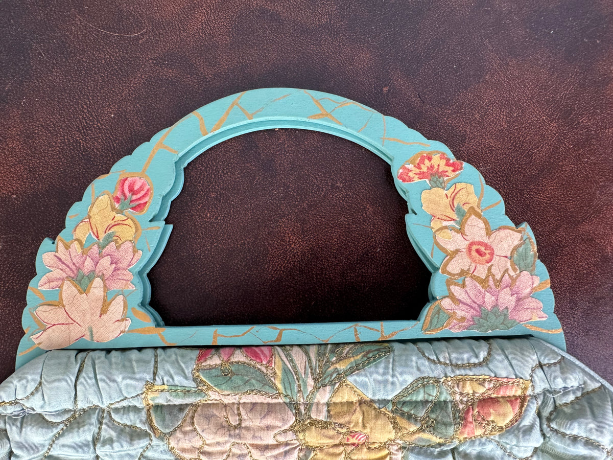 Early 1900s silk beach bag, floral appliqué, pink silk interior
