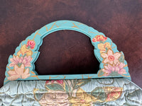Early 1900s silk beach bag, floral appliqué, pink silk interior