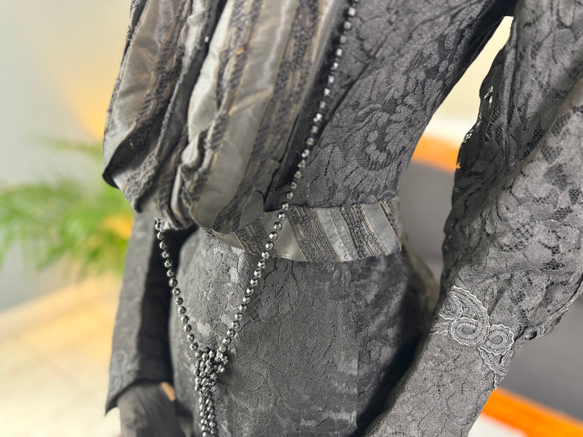 Black silk Edwardian day dress ca. 1904 with lace overlay