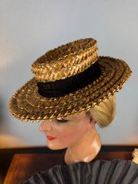 Antique 1901 French straw walking hat with AU CHINOIS Marseille label, black band, lined interior, well preserved.