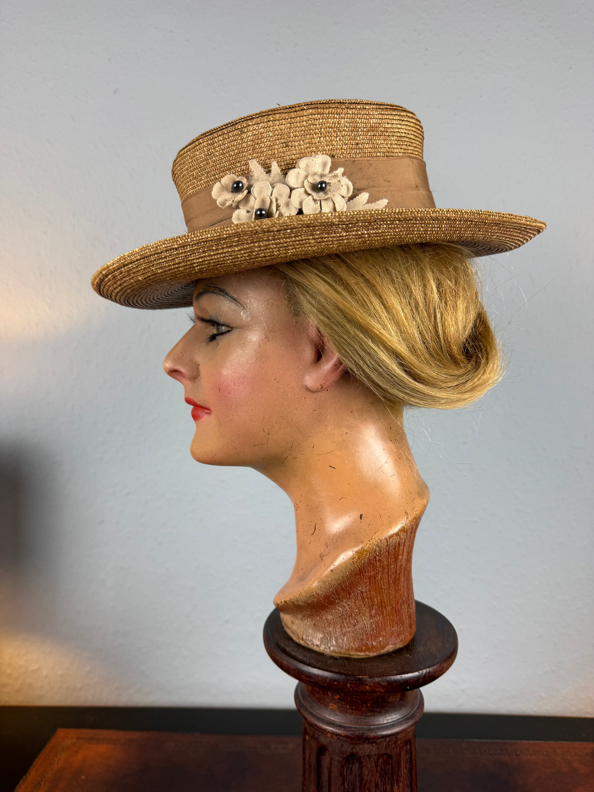 Antique Fine‑Woven French Straw Hat, ca. 1903 – Silk Band & Floral Details