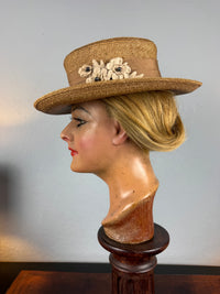 Antique Fine‑Woven French Straw Hat, ca. 1903 – Silk Band & Floral Details