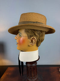 Antique 1905 French men’s straw hat with Rousseu & ses Fils label, velvet band, lined interior, handwritten owner’s tag, well preserved.”