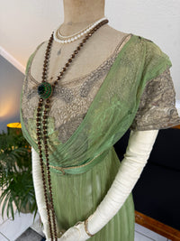 Edwardian green evening gown by Albert Franck, Frankfurt court dressmaker; Art Nouveau tulle and metallic lace design representing Frankfurt fashion history