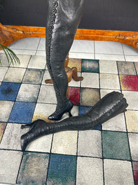 Rare antique fetish button boots circa 1900 with high heels, silk lining, and exceptionally tall shaft from Germany or Austria