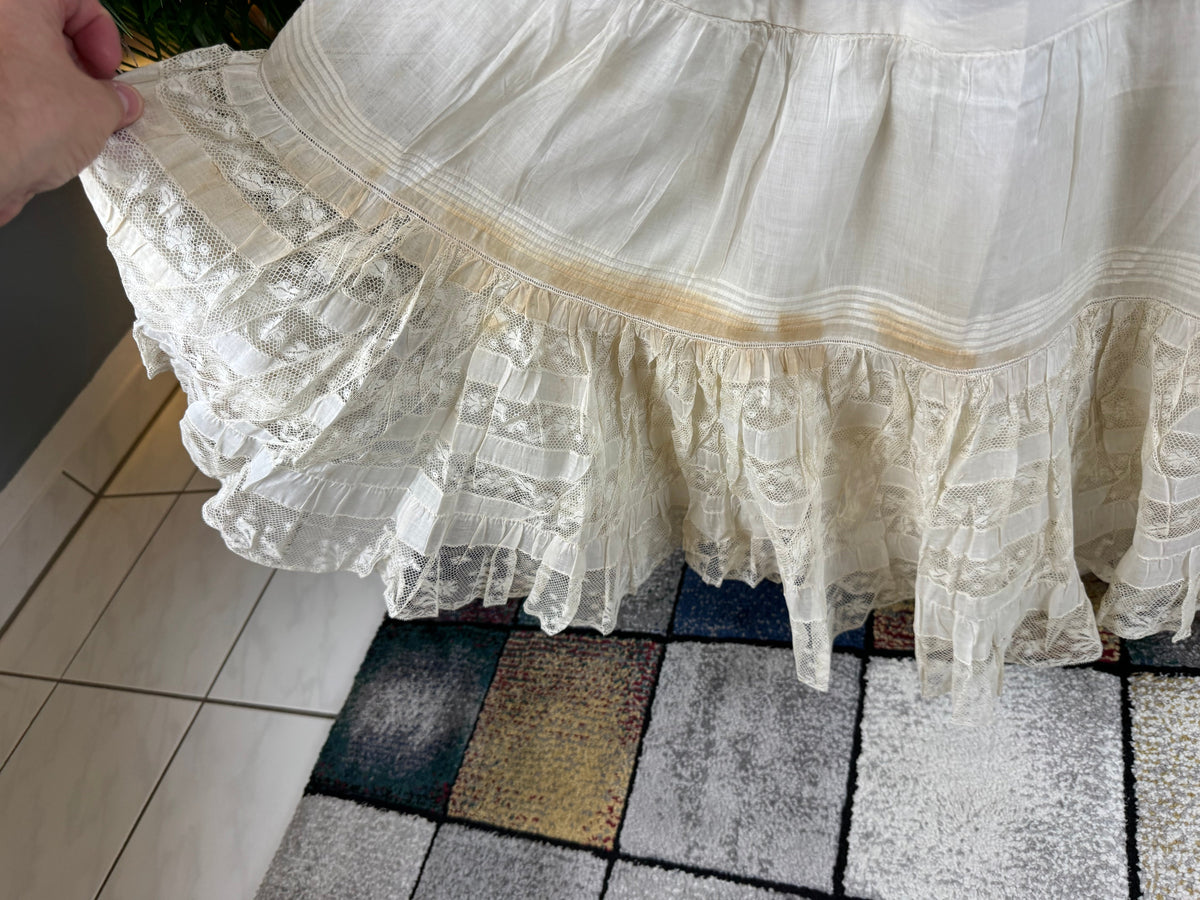 Antique Edwardian petticoat from Lady Gillman wedding trousseau circa 1911 with whitework embroidery, lace inserts and layered skirt construction