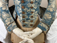 1750 Rococo blue‑white floral silk caraco jacket in riding style, antique 18th‑century gown