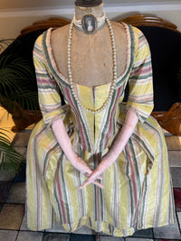 Antique 1770s English robe à l’anglaise, striped silk, pinked trim.