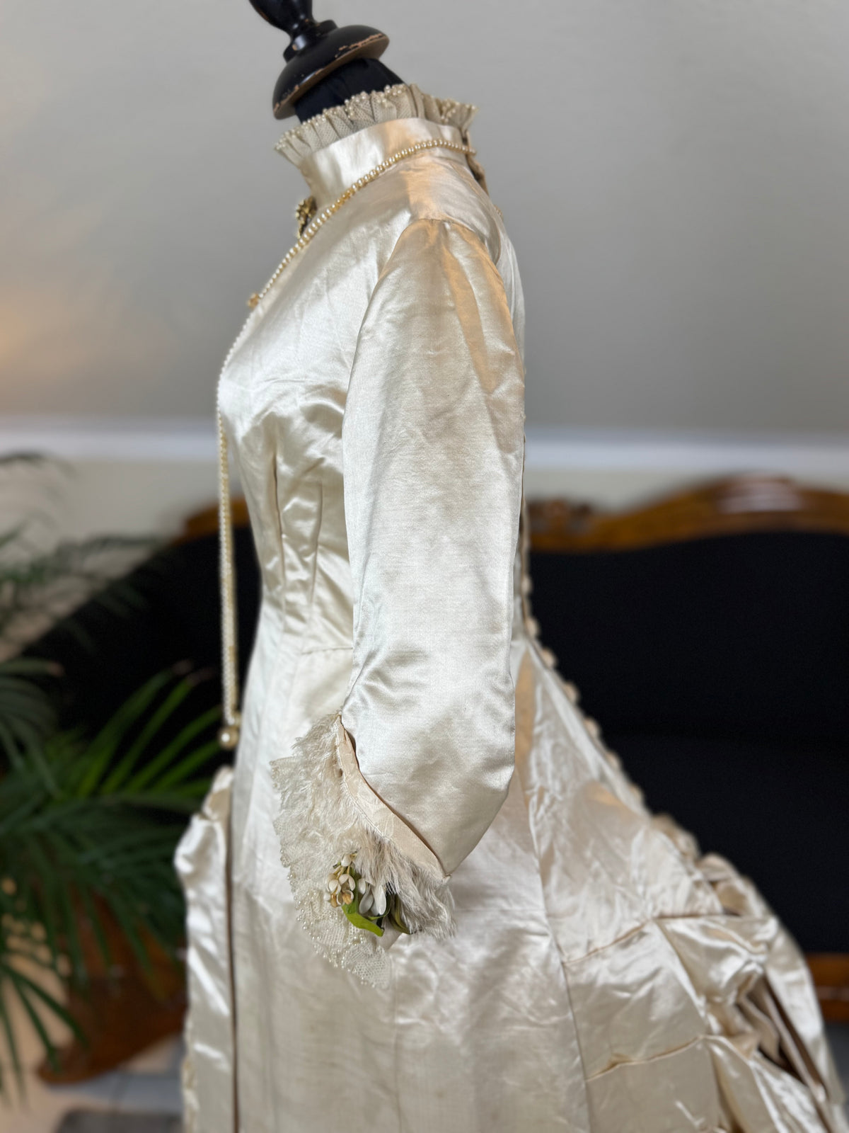 Antique Wedding Dress 1882 – Cream Satin Silk with Pleated Trims, Lace & Faux Pearls, Kate Rimer Provenance