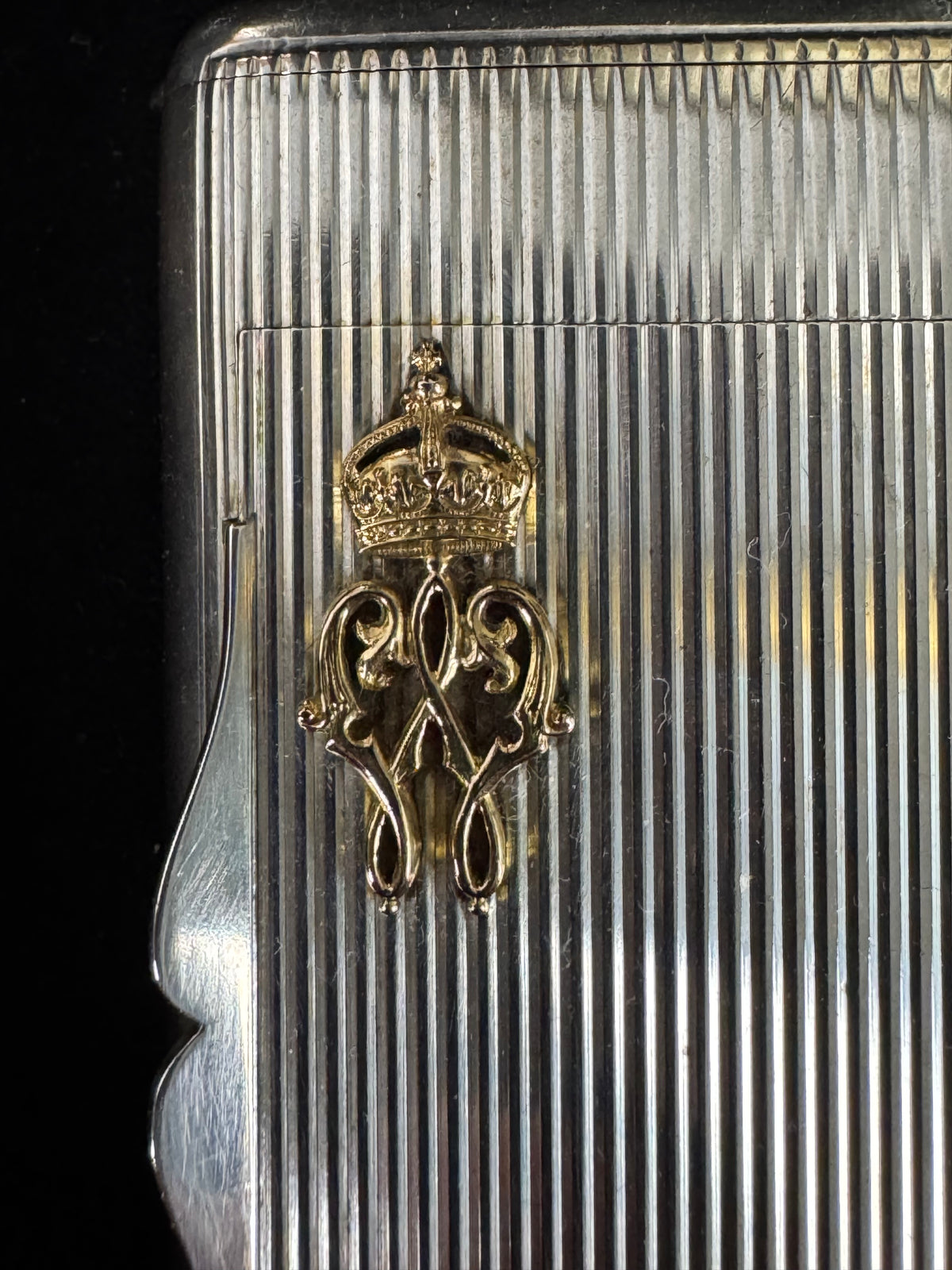 Silver cigarette case of Crown Prince Wilhelm of Prussia with crowned monogram, presentation pin and original caricature in bespoke casket.