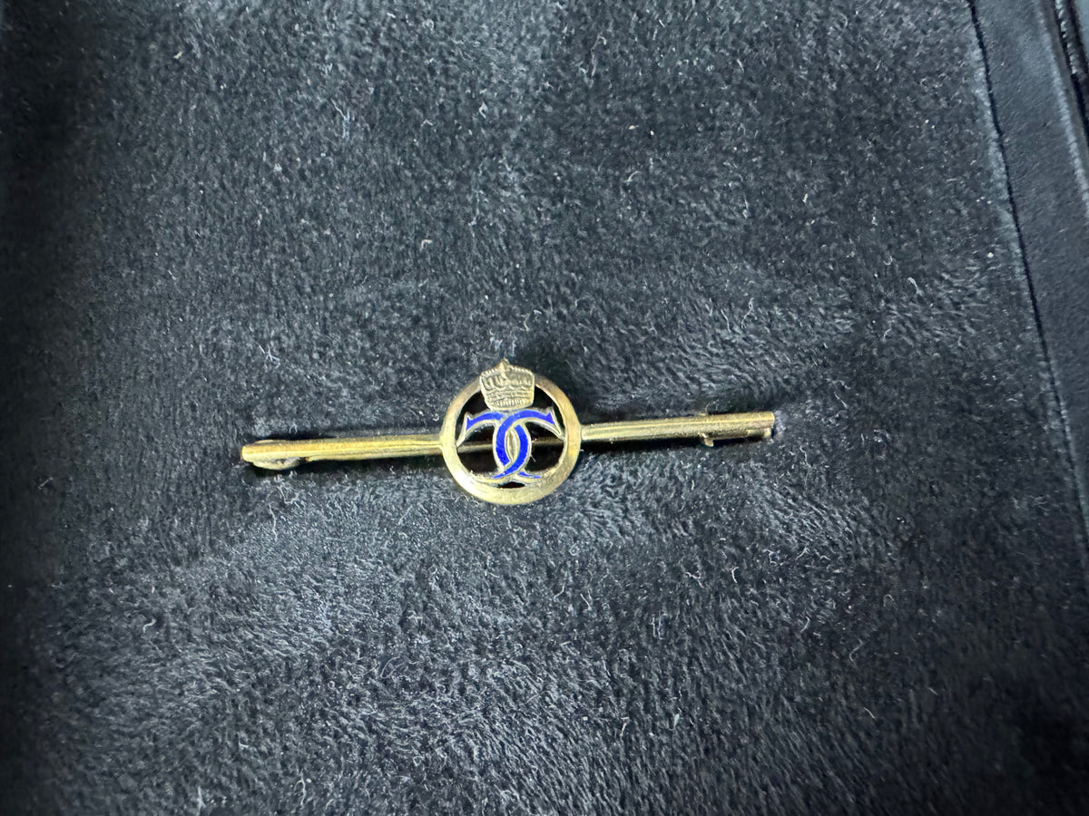Gold tie pin with crowned blue enamel monogram of Crown Princess Cecilie of Prussia, Imperial German court jewellery.