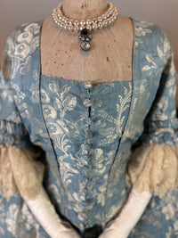 1770 blue silk damask Robe à la Française with Watteau pleats and lace engageantes, antique Rococo gown