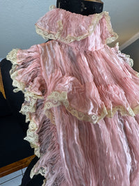 Pink ruffled French bust insert c.1901 with high standing collar and layered Belle Époque frills.