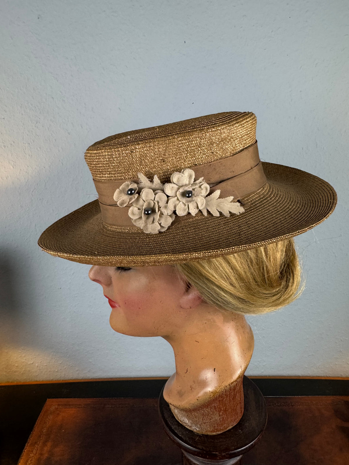 Antique Fine‑Woven French Straw Hat, ca. 1903 – Silk Band & Floral Details