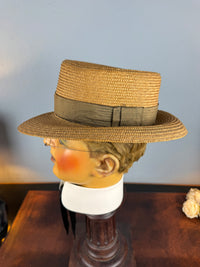 Antique 1905 French men’s straw hat with Rousseu & ses Fils label, velvet band, lined interior, handwritten owner’s tag, well preserved.”