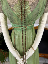 Edwardian green evening gown by Albert Franck, Frankfurt court dressmaker; Art Nouveau tulle and metallic lace design representing Frankfurt fashion history