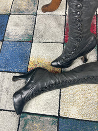 Rare antique fetish button boots circa 1900 with high heels, silk lining, and exceptionally tall shaft from Germany or Austria