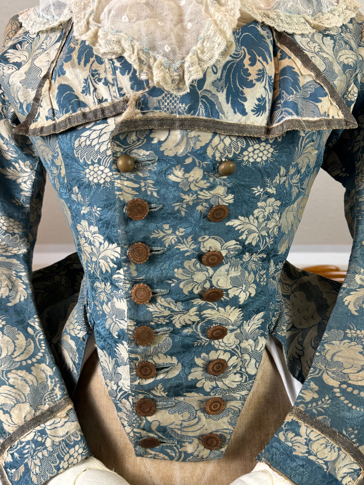 1750 Rococo blue‑white floral silk caraco jacket in riding style, antique 18th‑century gown