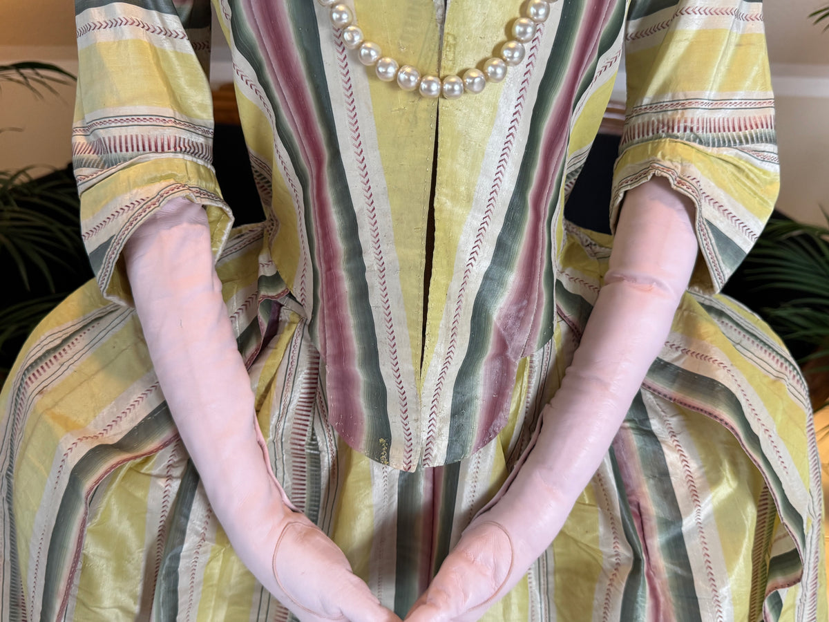 Antique 1770s English robe à l’anglaise, striped silk, pinked trim.