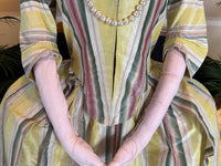 Antique 1770s English robe à l’anglaise, striped silk, pinked trim.