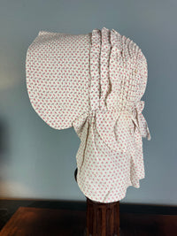 Victorian printed sunbonnet, rural workwear, wide quilted brim
